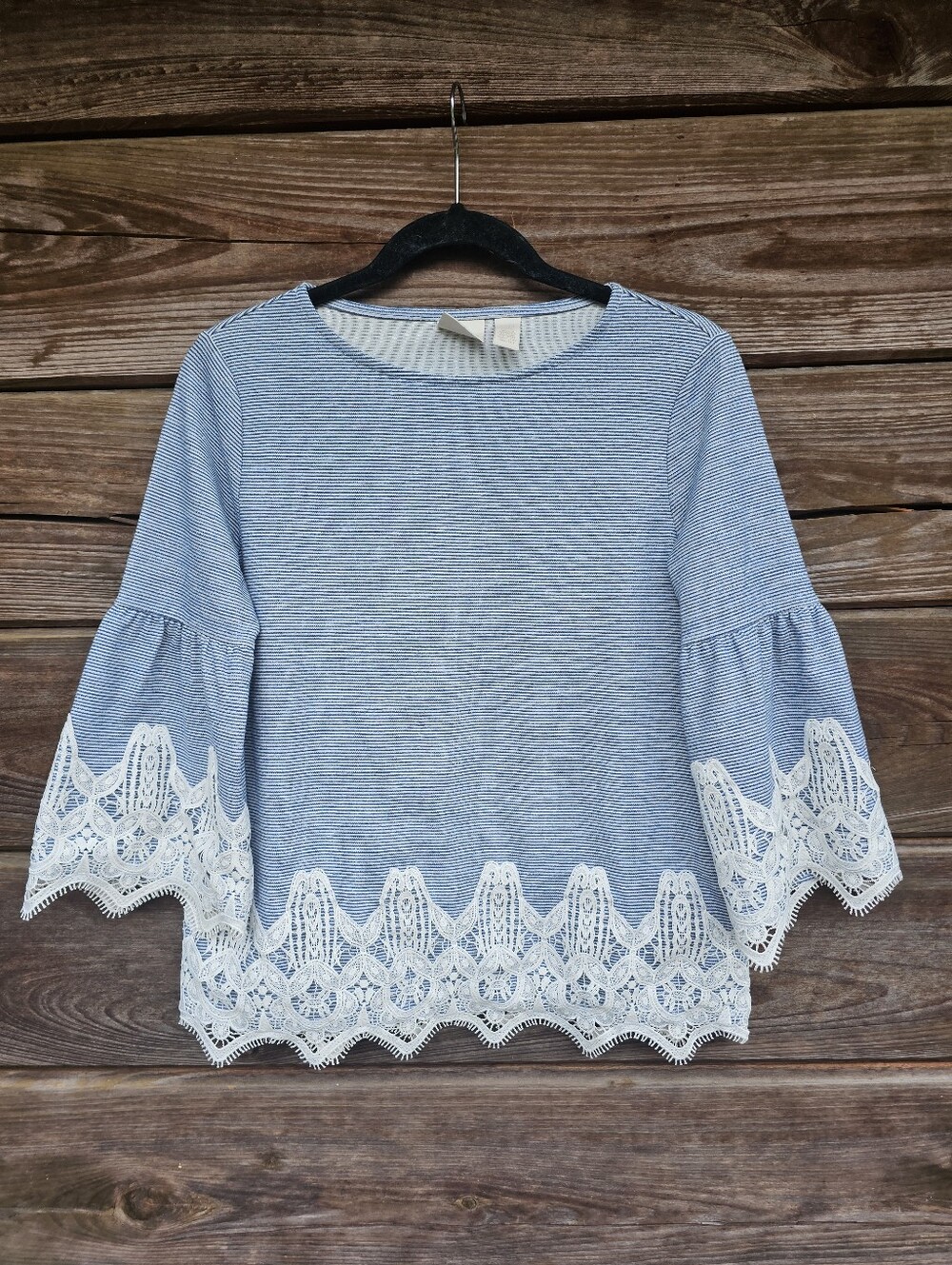 Chico's Blue & White Striped Bell Sleeve Lace Trim Top Size 0 (Small)